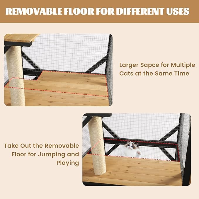 TITIMO 71" Catio Cat Enclosure Window, Large Outdoor/Indoor Cat House for Multiple Cats, Wooden Kitty Condo W/Waterproof Roof, Platforms, Resting Box, Scratching Post, Sisal Ball, Wheels (Black)