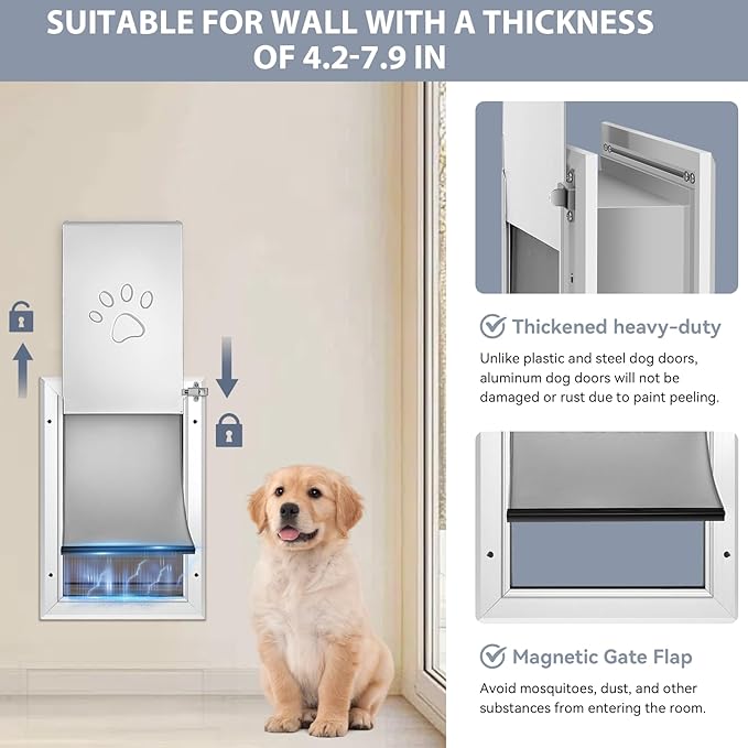 [Petoasis] 3-Flaps Heavy-Duty Dog Door for Wall, Rust Proof Aluminum Alloy Frame, Extreme Weather Dog Door Can Block Wind, Snow, and Rainwater Intrusion (Silvery White, Large for Wall)