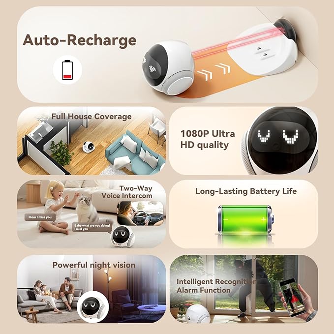 AEZ Robot Camera 1080P HD Lens Pet Camera Indoor Movable with Auto-Recharge, 2-Way Audio,Blinky Bot with Night Vision,Distance Bot Smart App Control for Cats/Dogs/Baby/Elderly (SD/Cloud Storage)