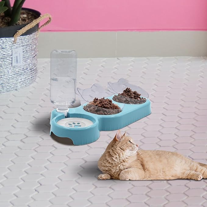 Sky Blue Triple Cat Bowls with 15 Tilt, 3-in-1 Automatic Water & Food Feeder, Whisker-Friendly Elevated Dishes for Small Cats & Puppies