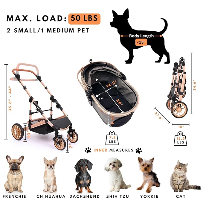 Pet Stroller for Medium Dogs, Smooth-Ride Dog Stroller with Detachable Carrier, Rubber Wheels, Car Seat Combo 3-in-1, Up to 50 lbs, for Senior Dogs & Cats, Black