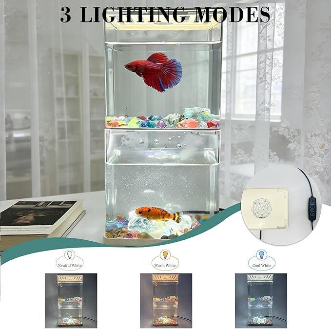 Small Betta Fish Tank, 2-Pack 0.3 Gallon Mini Aquarium with Adjustable Base Light & Gravels & Resin Crystal, Acrylic Fish Bowl for Desk Homes or Offices, Ideal for Beta Fish,Goldfish (White -2 Pack)