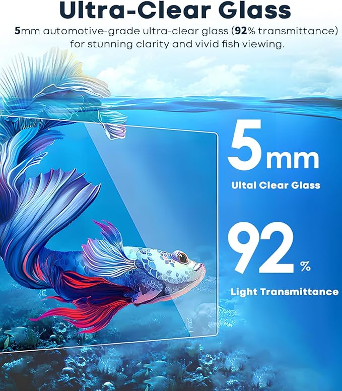 10 Gallon Aquarium Set Glass Fish Tank, Heater Self Cleaning System Filter with Media Bright Light Cleaning Tool, Leak-Proof Clear Rimless Betta Tropical Freshwater Fish