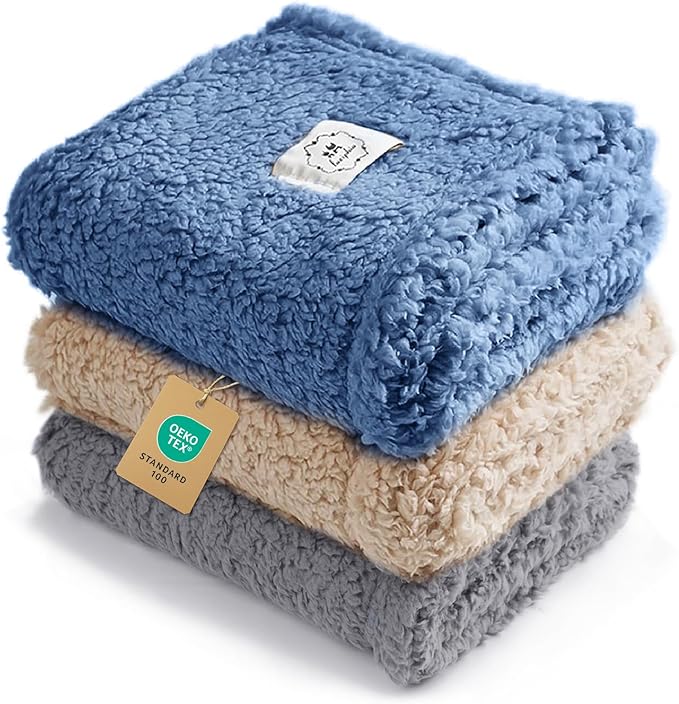 Luciphia 1 Pack 3 Calming Dog Blanket Fluffy Premium Fleece Pet Blankets Soft Sherpa Throw for Dogs Puppy Cat Grey/Beige/HazeBlue Medium (30" x20")