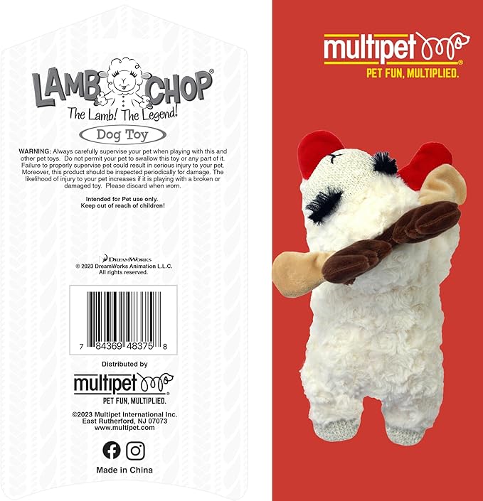 Multipet Lamb Chop Dog Plush Toy w/ Holiday Antlers - Squeaky Toy for All Dogs - Extra Soft Plush - Stuffed Animal for Cuddling & Playing (6”, Cream/Brown)