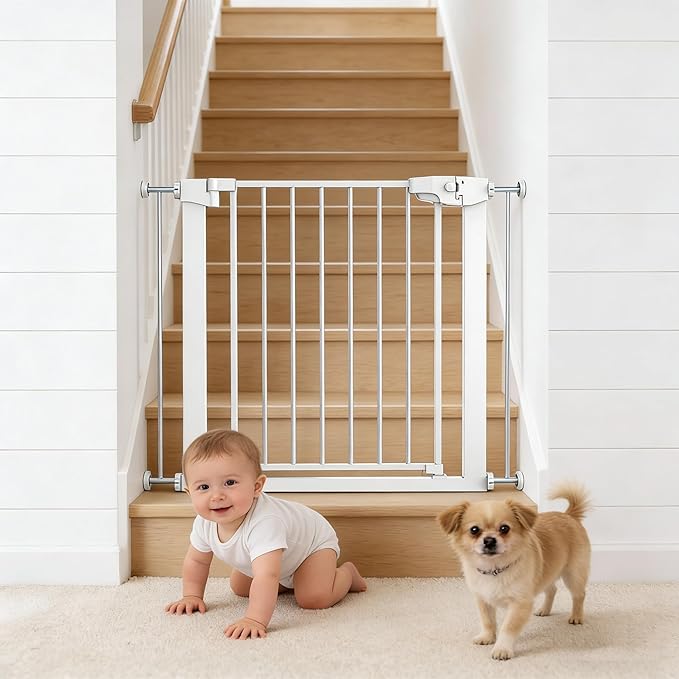 Easy Step Walk-Thru Baby Gate – Adjustable Safety Gate for Babies & Pets, Pressure Mount Kit, Includes Wall Cups – 29.7-32W x 30.5H, Auto-Close