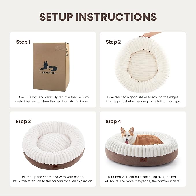 Donut Dog Bed Medium Size Dog 36 Inch, Round Cat Beds for Small Medium Dogs and Cats with Washable Fluffy Faux Fur, Cute Comfort Pet Bed with Anti-Slip Bottom, Cream