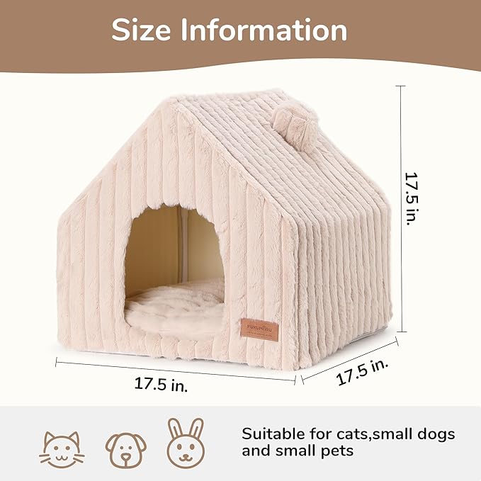 FUKUMARU Cat Houses for Indoor Cats, Washable Cute Cat Bed Cave with Removable Pillow, Large Semi-Enclosed Cozy Dog House Indoor, Soft Faux Rabbit Fur Kitten Bed, 17.5-Inch Cat Hideaway, Pink Grey