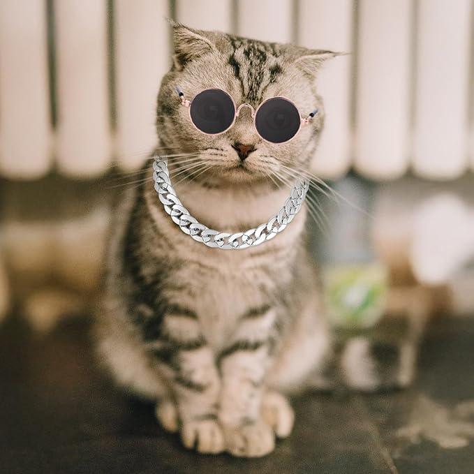 Cat Costume Sunglasses with Collar Chain, Retro Pet Eyeglasses Funny Kittens Costume Docorations Cosplay Dog Puppies Photo Props for Birthday (Silver)