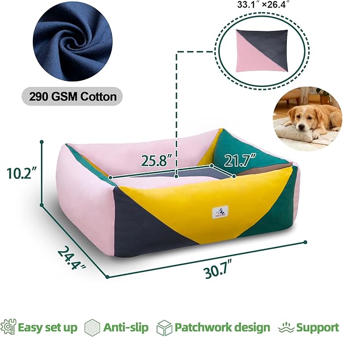 Washable Rectangle Dog Bed with Removable Cover, Color-Block Gingham Cotton Pet Sofa, Breathable Scratch Resistant Dog Bed, Medium