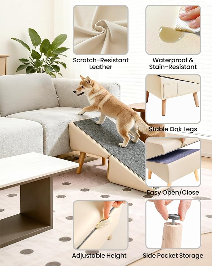 Dog Ramp for Couch & Bed, 2-in-1 Dog Stairs for Small and Medium Dogs & Cats, 16'' Indoor Pet Ramp with 23°Gentle Slope, Non-Slip Felt, Joint Protection for Senior & Injured Pets, Sturdy Ottoman-Style
