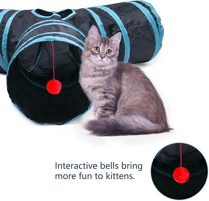 3 Way Cat Tunnel Collapsible Fun Pet Play Tube Toys for Cats, Kittens, Puppies & Rabbits - Portable Tunnel with Hanging Ball for Indoor Play, Hideout & Exercise