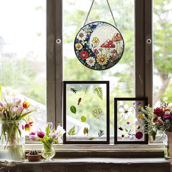 Crescent Moon Suncatcher with Colorful Mushrooms & Wildflowers - Stained Glass Window Hanging Decor for Indoor Windows, Unique Gift for Plant Lovers, Housewarming, Birthday, or New Home Celebration