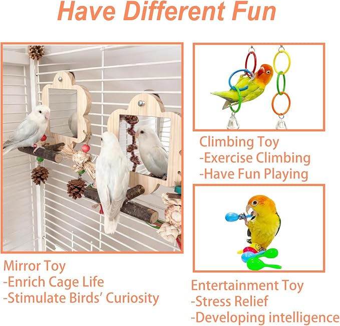 Bird Mirror with Perch, Cockatiel Mirror for Cage, Parakeet Toys with Chew Toy,Bird Cage Accessories for Parrot Conure Lovebirds Finch Canaries(Pinecone)