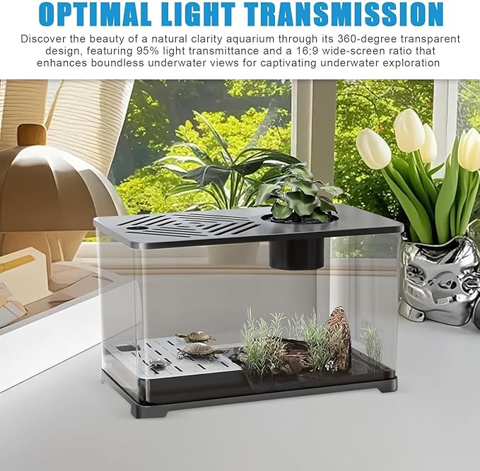 Aquarium Tank - Spacious Glass Fish Tank Setup for Betta Shrimp, Modern Desktop Habitat with Turtle Perch and LED Lighting, Ideal for Home Decor and Plant Cultivation