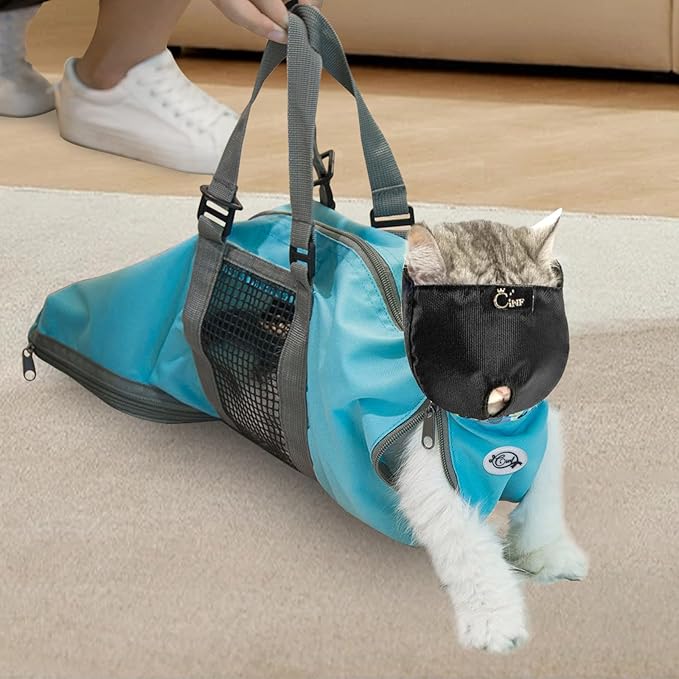 Cinf Cat Nail Clipping Cleaning Grooming Restraint Bag (Free Muzzle) Set No Scratching Biting for Bathing Nail Trimming Injecting Examining(Blue,L)