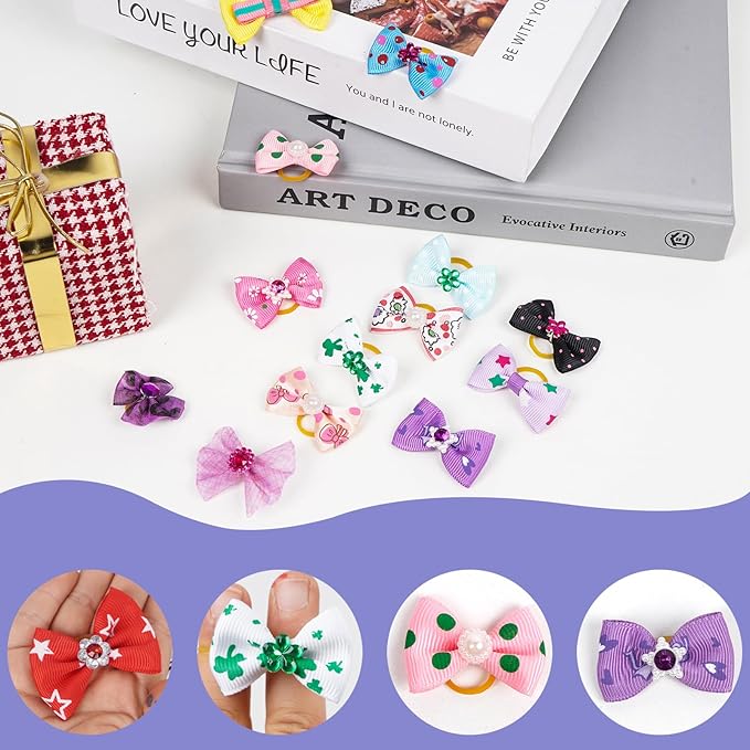 Chenkou Craft Random of 20pcs Puppy Yorkie Dog Hair Bow With Rubber Band Rhinestone Pet Grooming Products Mix Colors Varies Patterns Pet Hair Bows Dog Accessories