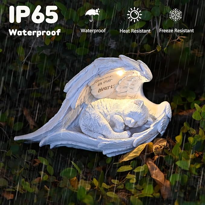 VEEKI Cat Memorial Gifts for Loss of Cat, Peaceful Sleeping Solar Angel Cat Statue Outdoor Waterproof, Resin Cat Figurine Pet Memorial Stone for Garden Grave Markers, Loss of Pet Sympathy Gift (Cat)