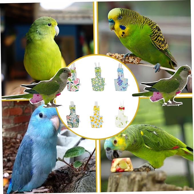 6-Piece Bird Diaper Set for Parrots, Reusable Protective Flight Suits with Waterproof Inner Layer, Washable Urine Wet Suit for Cockatiel, Parakeet, Budgie, and Small Birds(XS)