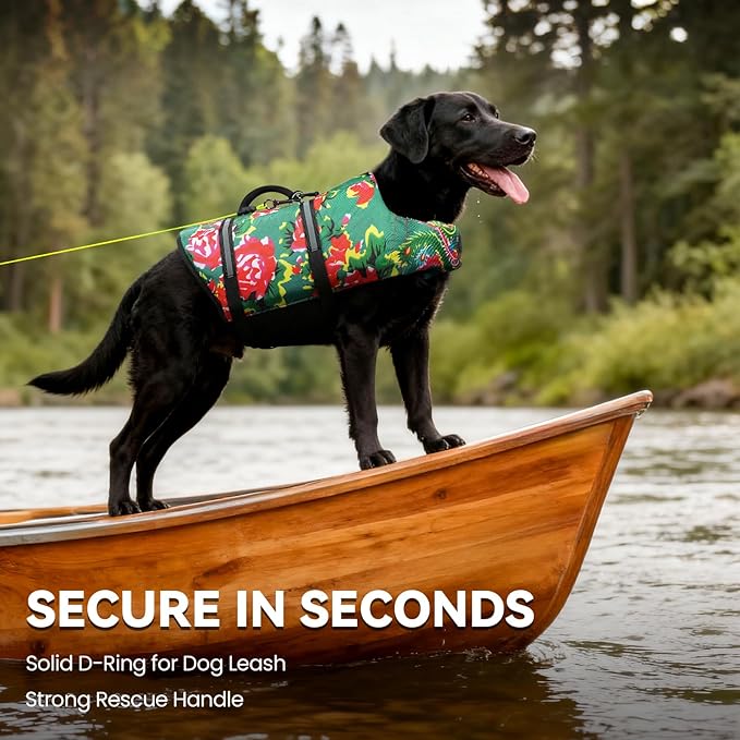 VIVAGLORY Rip Stop Dog Life Vest, Swimming Vest with Handle, Buoyancy for Doggy Puppy, Dog Life Jacket for Swimming & Boating, XXS, Northeast Florals-Green
