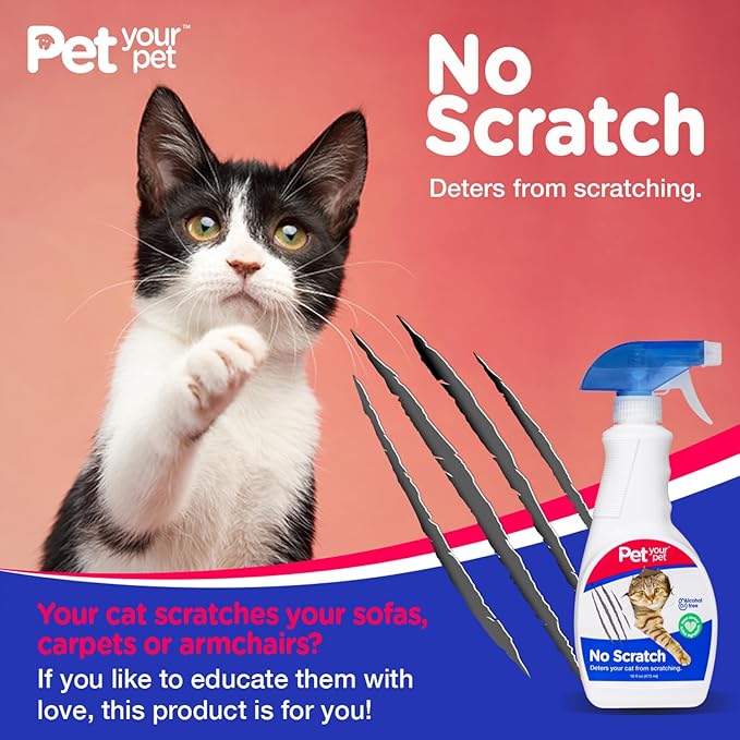 No Scratch Cat Deterrent Spray, 16 Fl Oz– Non-Toxic for Carpets and Furniture – Natural Cat Stop Scratching Deterrent Spray – Indoor/Outdoor Kitten - Anti-Scratch Keep Off