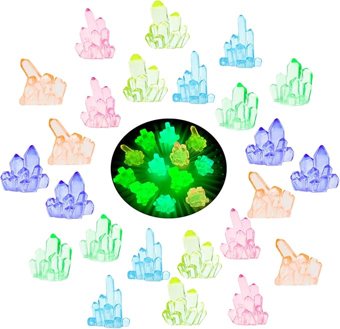 MIUPOO Glow Crystal,Betta Stones,Glow in The Dark Crystal,Bonsai Decor,Chips Stone Small Decorative,Fish Tank Decor,6 Colors,24 Pieces.