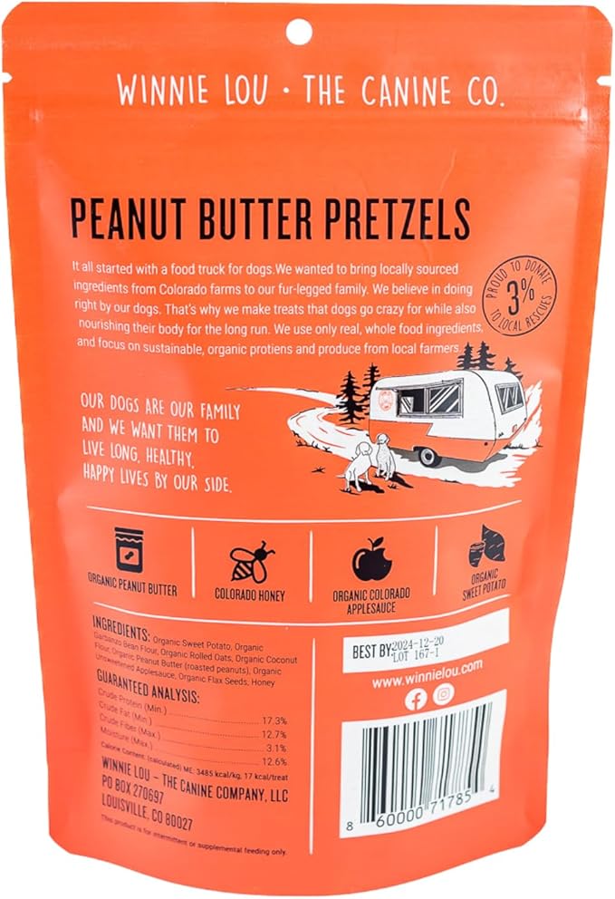 Winnie Lou Organic Dog Treats – Natural Biscuits, USA Made, Organic Ingredients, Clean, sensative Stomach, Small Breed, Large Breed, high Protein, Hypoallergenic, Peanut Butter Pretzels (Pack of 2)