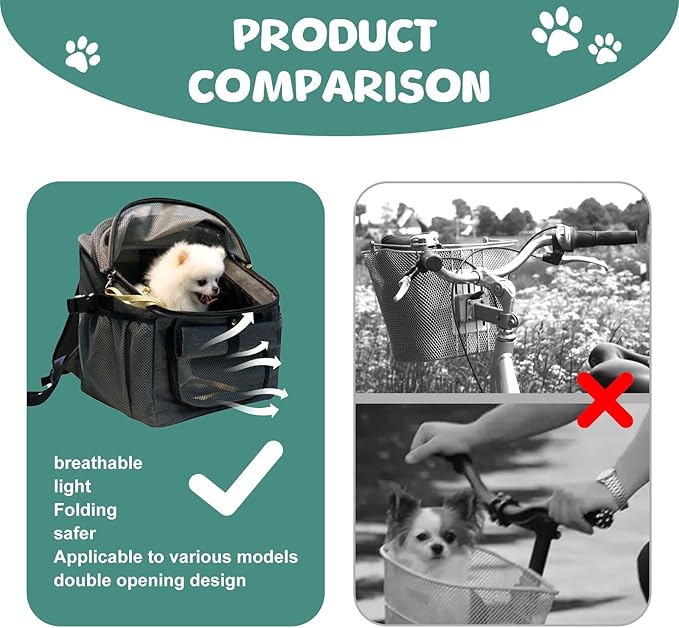 Qivine Dog Bike Basket,Dog Carrier for Bicycle Foldable Bike Pet Carrier with Handlebar Adapter Bicycle Carrier Backpacks for Small Medium Cats,Dogs