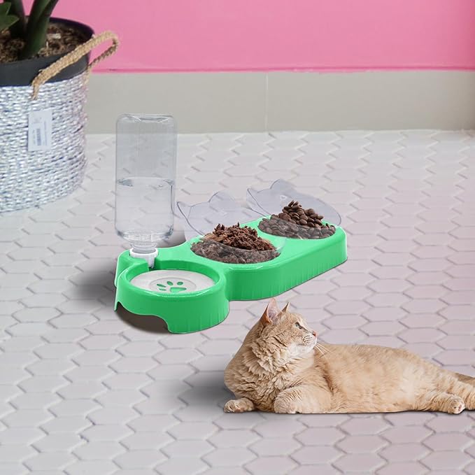 Triple Cat Bowls - 15 Tilt 3-in-1 Water Feeder Bowls with Automatic Water Bottle, Whisker Friendly Elevated Feeding Dishes for Small Cats and Puppies (Mint Green)