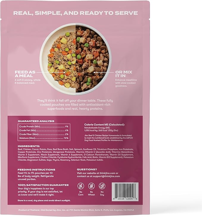 Jinx Beef & Chicken Grain Free Wet Dog Food Pouches, Meal or Dog Food Topper Mix-in, Made with Real Beef & Chicken, Bone Broth, No Fillers - Puppy, Adult, Senior, 9oz, 6 Pack