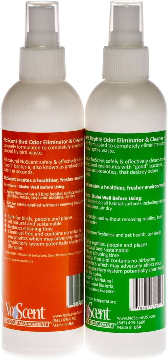 No Scent – Bird & Reptile - Safe, Effective Waste Odor Control Spray for Cages, Aviaries, Terrariums, and Enclosures, Multi-Pack, (Contains 2 8oz. Bottles - 1 Bird & 1 Reptile)