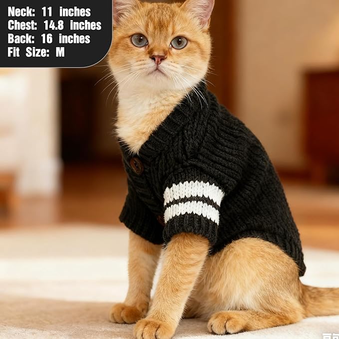 EXPAWLORER Cat Sweater Cardigan - Stylish Knitted Cat Clothes, British Style Soft Puppy Sweater with Sleeve Warm Pet Clothing Knitwear, Fall and Winter Kitten Coat for Girl Boy Cats, Black Small