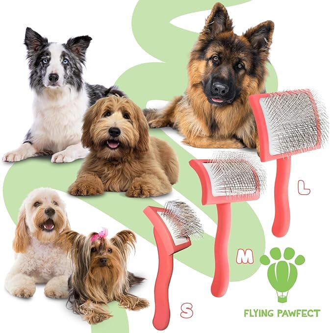 Pet Slicker Brush With Soft Massage Grooming Stainless Steel Pins - For Dematting, Shedding Fur, and Undercoat - Ideal Gift for Professional Pet Groomers - Long Slicker Brush (Coral, Flat Medium)