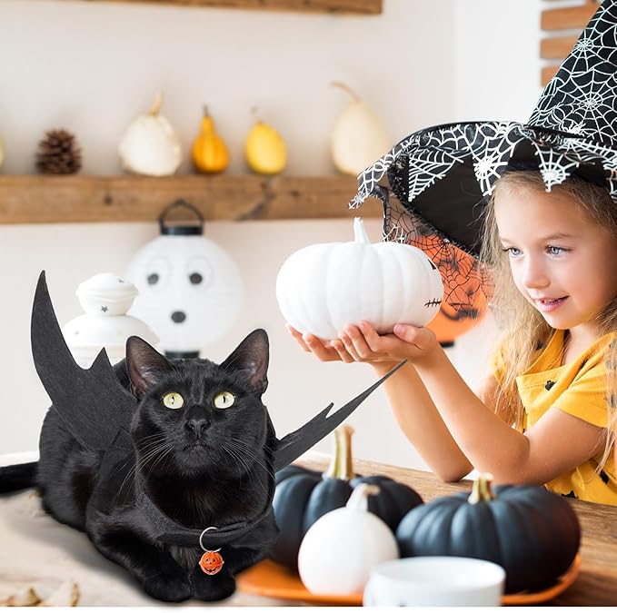 Cat Halloween Costume, Cat Costumes, Small Dog Halloween Costumes - Bat Wing with Pumpkin Bell for Pet Halloween Cosplay Party Dress Up Accessories (Medium)