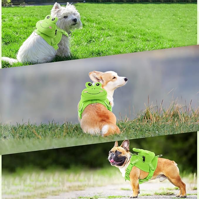 Dog Harness with Backpack, Adjustable Dog Backpack Harness for Small Medium Dogs, No-Pull Breathable Backpacks for Dogs to Wear, for Traveling, Hiking, Camping, Training, Green Frog M