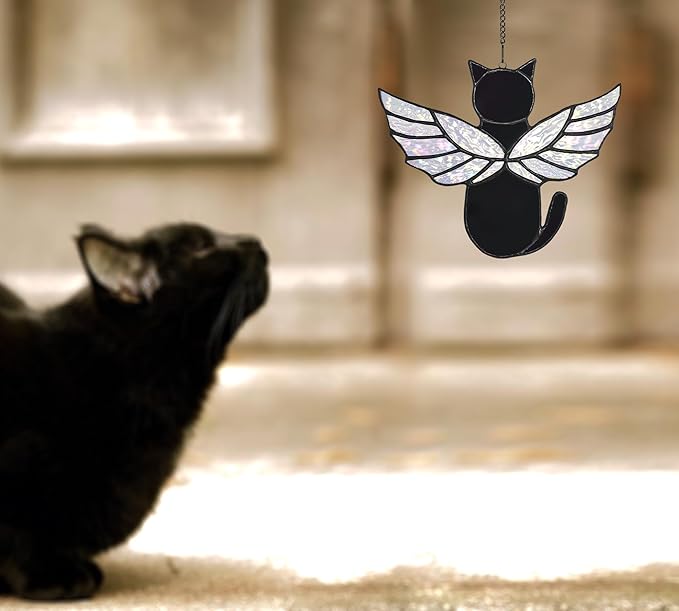 Angel Rainbow Wing Memorial Gifts - Stained Glass Cat Suncatcher, Loss of Cat Sympathy Gift (Black)