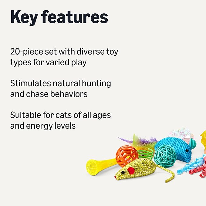 Amazon Basics Cat Toy Set, 20 Piece Variety Pack with Teaser, Ball, Feather, Spring