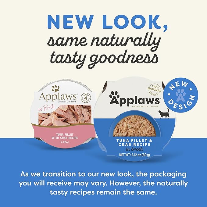 Applaws Natural Wet Cat Food in Broth, Limited and Natural Ingredients, High Protein with No Artificial Additives, Tuna Fillet & Crab in Broth (10 x 2.12 oz Easy-Open Cups)
