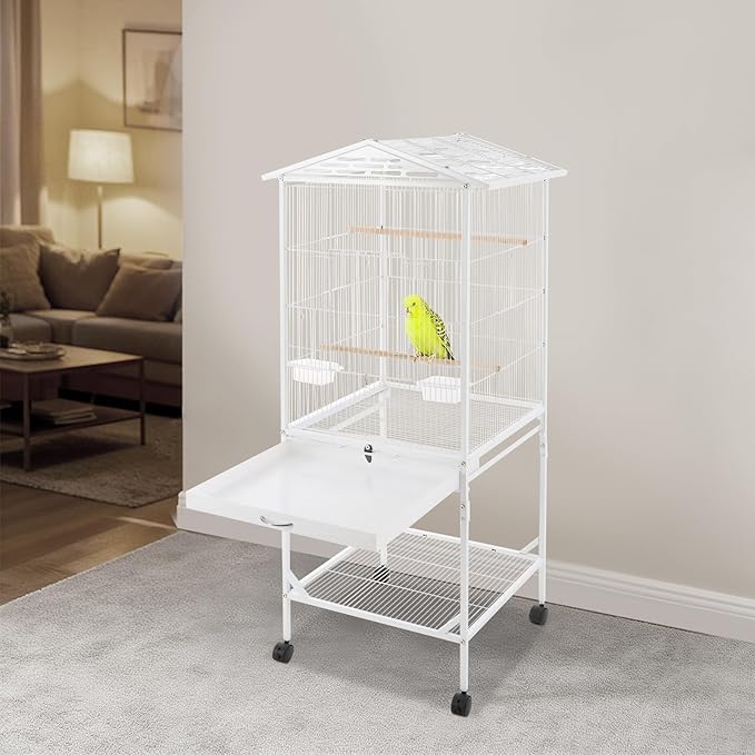 18x18x49 in Iron Flight Bird Cage, Freestanding Parakeet Bird Cage, Pigeons Parrot Birdcage, Large Parakeets Cage with 4 Universal Wheels, 3 Wooden Stands, 2* Feeding Cups and Slide-Out Tray (White)