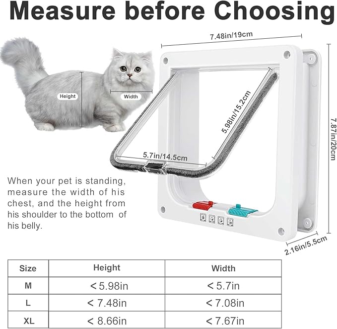 Cat Door, Safety Pet Door with 4 Way Lock, Weatherproof & Easy Installation Cat Flap Door for Interior Exterior Door, Window, Wall(Medium, 5.98in x 5.7in Flap)