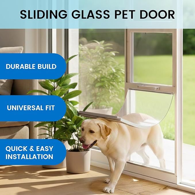 Anti-Shatter Dog Door for Sliding Glass Door,White Sliding Glass Dog Door Insert with Adjustable Height 82.7” to 88.5”, No-Cut DIY Installation,Aluminum Frame & Secure Lock for Large Dogs