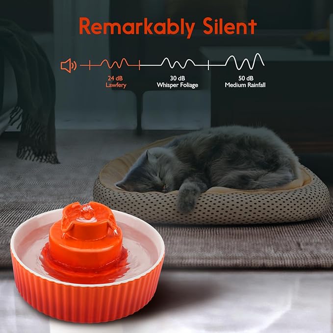 Ceramic Cat Water Fountain, 2.1L/71oz Cat Fountain with 3 Carbon Filters and 2 Water Pumps, Cupcake Pet Water Fountain for Cats and Dogs (Orange)