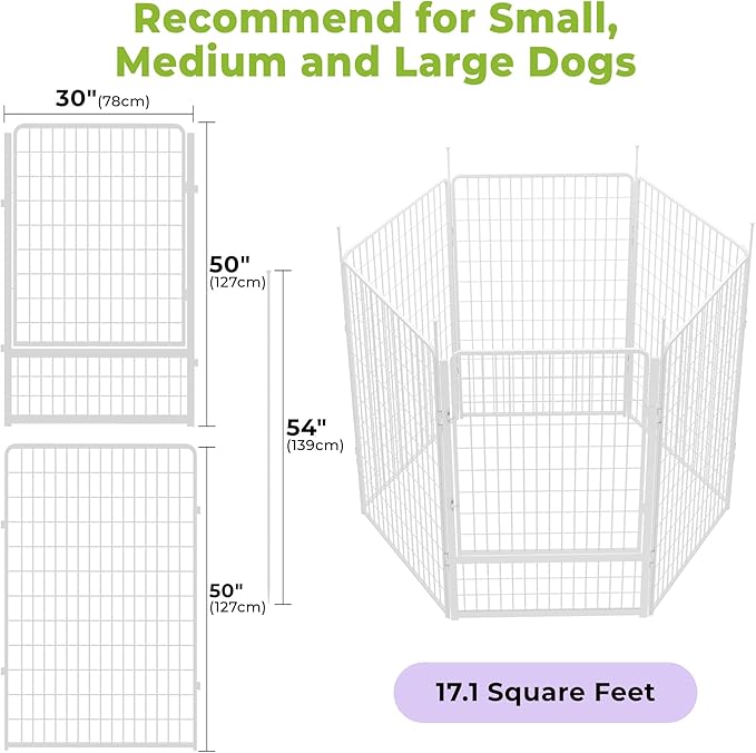 SunsGrove Indoor Dog Playpen with Wider Door, 50 inch 6 Panels Non Slip Dog Pen Indoor, Anti Rust Dog Fence, Free and Safe Play, White