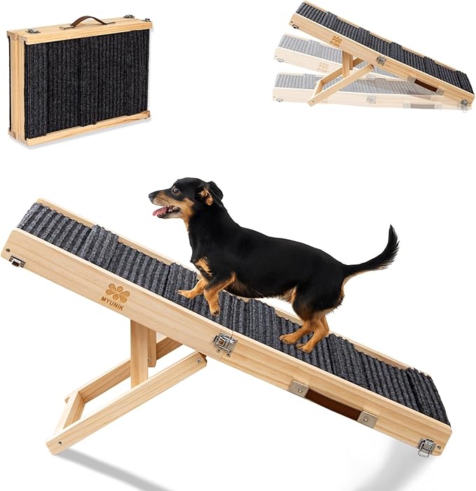 Upgraded 2026 MYUNIK Adjustable Small Dog Ramp 37.8" Foldable Solid Wood Pet Small Ramp with 5 Heights 13.6–21.5", Non-Slip Carpet Handle Ramp for Bed Couch Sofa & Car