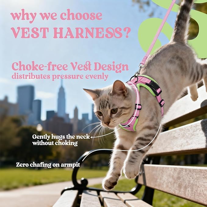 rabbitgoo Cat Harness and Leash for Walking, Escape Proof Soft Adjustable Vest Harnesses for Cats, Easy Control Breathable Reflective Strips Jacket, Pink&Light Green, S