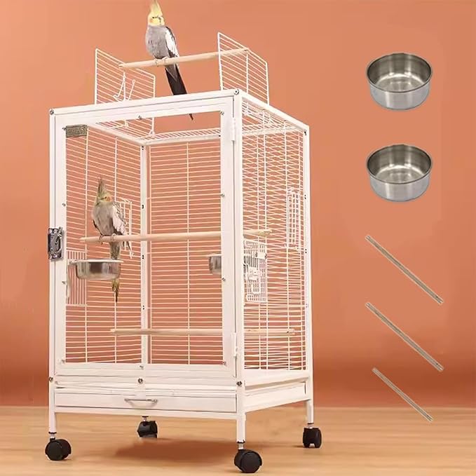 xixi-home Clear Parrot Cage,Metal Bird Cage Ornamental Cage -with Play Top and Wheel,Large Bird Cage Flying Birdcage for Outdoors (Type B - White)