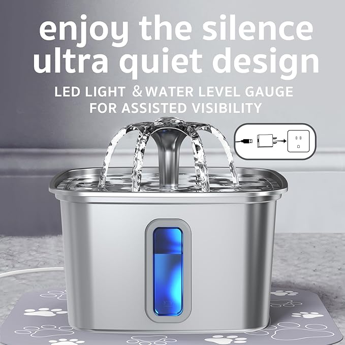 Veken Innovation Award Winner Stainless Steel Cat Water Fountain, 108oz/3.2L Automatic Pet Fountain Dog Water Dispenser with 2 PP Housing Replacement Filters & Silicone Mat for Cats, Dogs (Silver)