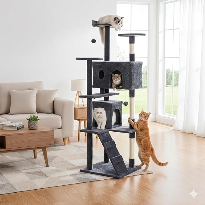 Sweetcrispy 80 Inch Cat Tree Tower, Multi-Level with Cat Scratching Post, Indoor Cat Condo with Climbing Ladder, Plush Toy, Play House for Cat, Dark Grey