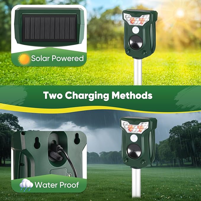 2 Pack Cat Repellent Outdoor Solar Ultrasonic Animal Repeller- Motion Activated Pest Deterrent Device for Cats, Dogs, Raccoons, Deer, Skunks,Rodents, Waterproof Scare Away Raccoon Deterrent Stakes