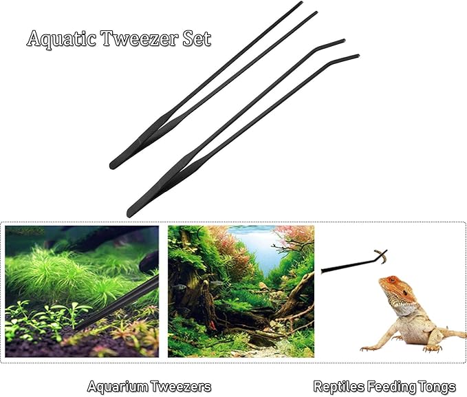 Black Aquarium Tweezers Set HRASY Stainless Steel Straight and Curved Tweezers Long Handle Reptile Feeding Tongs for Fish Tank Aquatic Plants, Pack of 2, 10.6 Inch